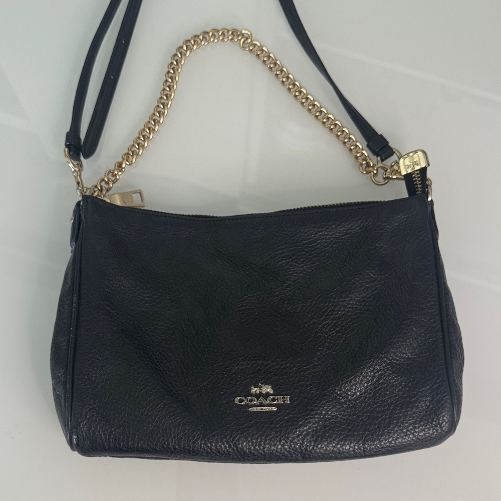 Coach Black Leather Pouchette with Gold Chain Detail and crossbody strap